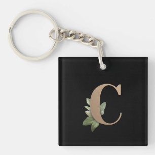 Elegant Botanical Monogram Gold Letter C Keychain