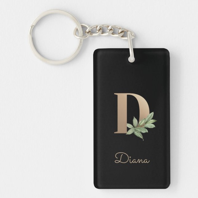 Elegant Botanical Monogram Gold Letter D Keychain (Front)