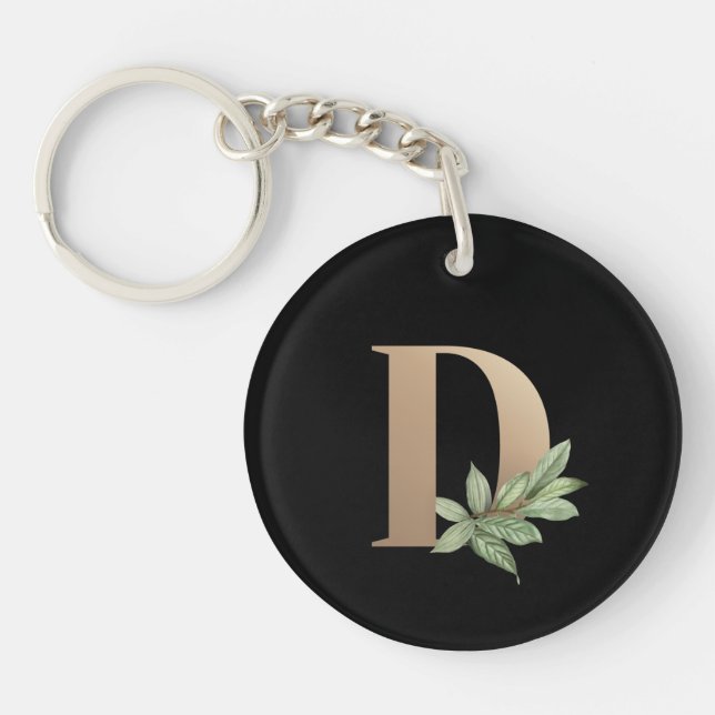 Elegant Botanical Monogram Gold Letter D Keychain (Front)