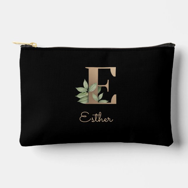 Elegant Botanical Monogram Gold Letter E Accessory Pouch (Front)