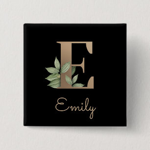 Elegant Botanical Monogram Gold Letter E Button