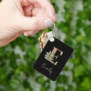 Elegant Botanical Monogram Gold Letter E Keychain