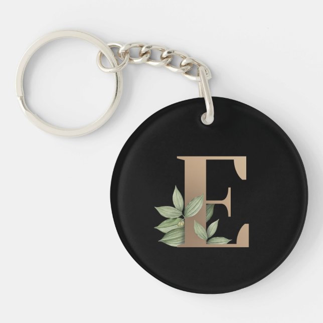 Elegant Botanical Monogram Gold Letter E Keychain (Front)