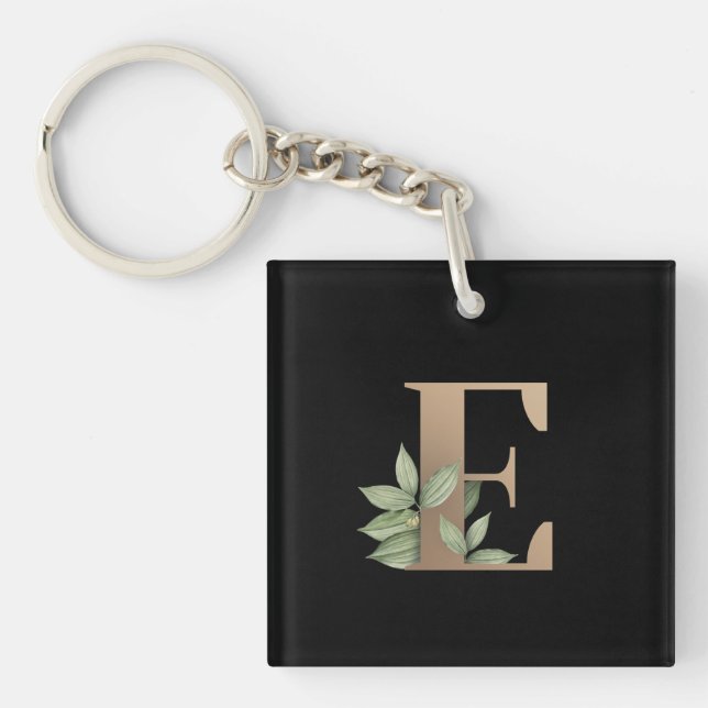 Elegant Botanical Monogram Gold Letter E Keychain (Front)