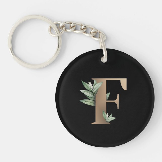 Elegant Botanical Monogram Gold Letter F Keychain (Front)