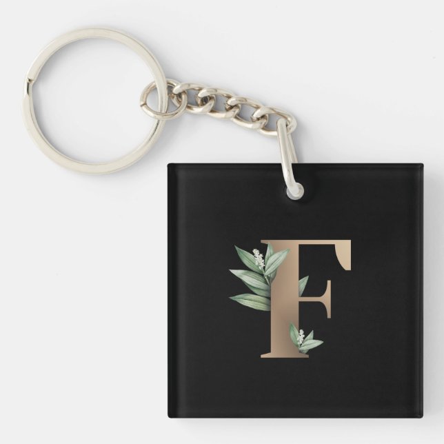 Elegant Botanical Monogram Gold Letter F Keychain (Front)