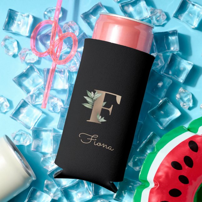 Elegant Botanical Monogram Gold Letter F  Seltzer Can Cooler (In Situ Summer)