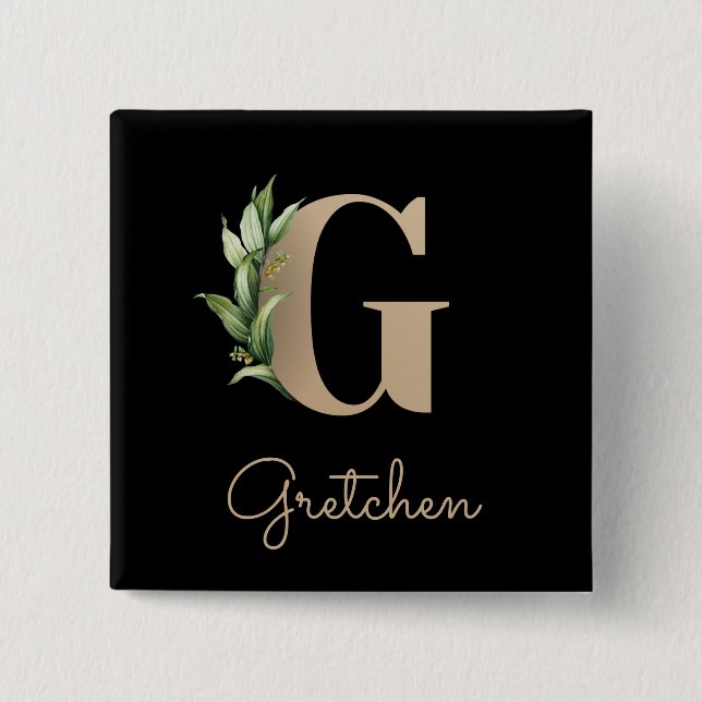 Elegant Botanical Monogram Gold Letter G Button (Front)
