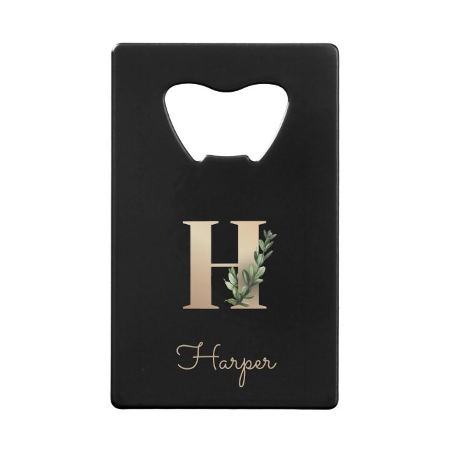 Elegant Botanical Monogram Gold Letter H  Credit Card Bottle Opener (Front)