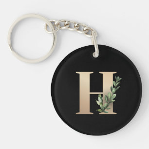 Elegant Botanical Monogram Gold Letter H Keychain