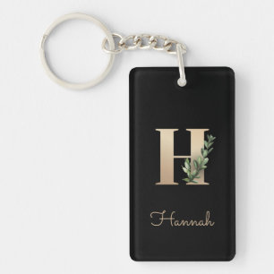 Elegant Botanical Monogram Gold Letter H Keychain