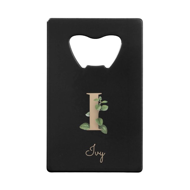 Elegant Botanical Monogram Gold Letter I  Credit Card Bottle Opener (Front)