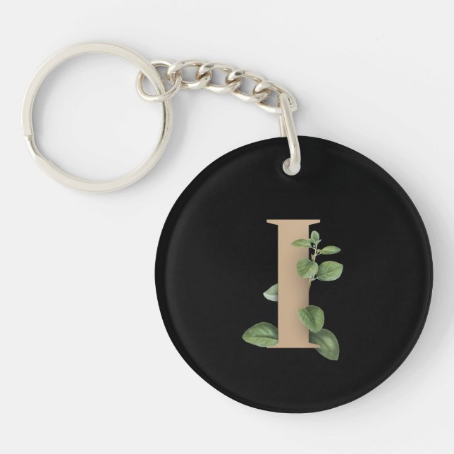 Elegant Botanical Monogram Gold Letter I Keychain (Front)