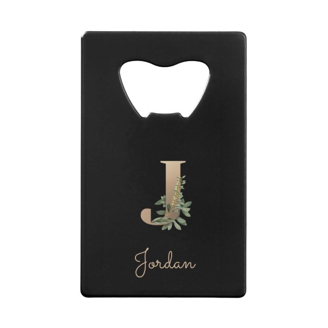 Elegant Botanical Monogram Gold Letter J  Credit Card Bottle Opener (Front)