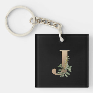 Elegant Botanical Monogram Gold Letter J Keychain