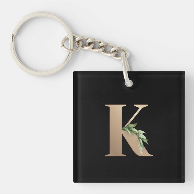 Elegant Botanical Monogram Gold Letter K Keychain (Front)