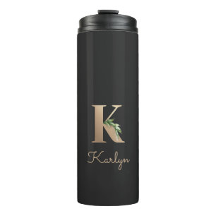 Elegant Botanical Monogram Gold Letter K Thermal Tumbler