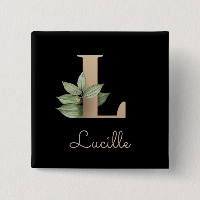 Elegant Botanical Monogram Gold Letter L Button (Front)