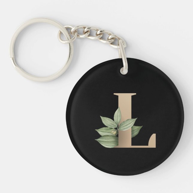 Elegant Botanical Monogram Gold Letter L Keychain (Front)
