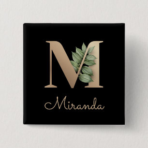 Elegant Botanical Monogram Gold Letter M Button