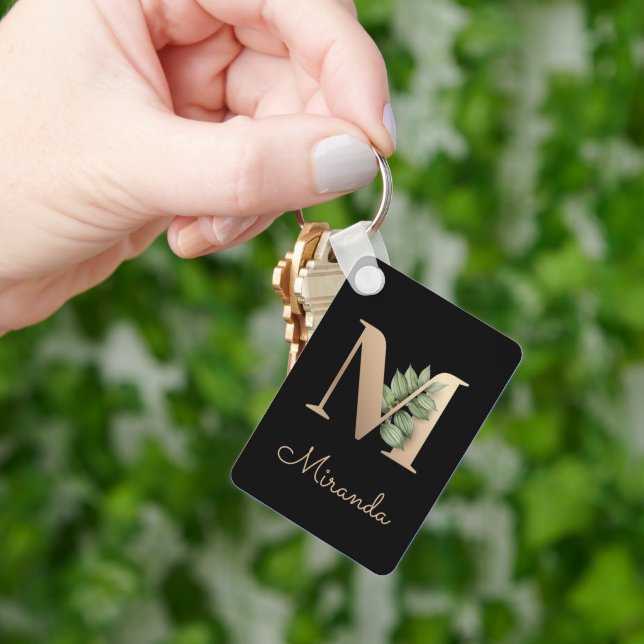 Elegant Botanical Monogram Gold Letter M Keychain (Hand)