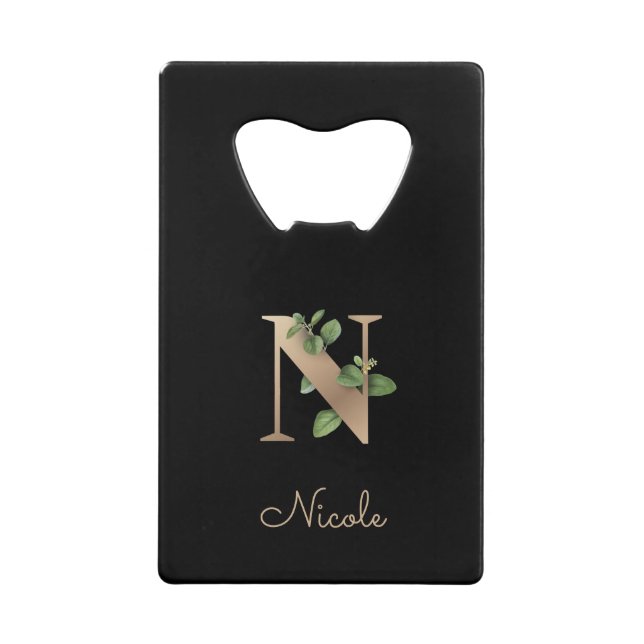 Elegant Botanical Monogram Gold Letter N  Credit Card Bottle Opener (Front)