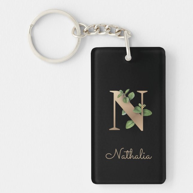 Elegant Botanical Monogram Gold Letter N Keychain (Front)