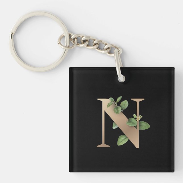 Elegant Botanical Monogram Gold Letter N Keychain (Front)