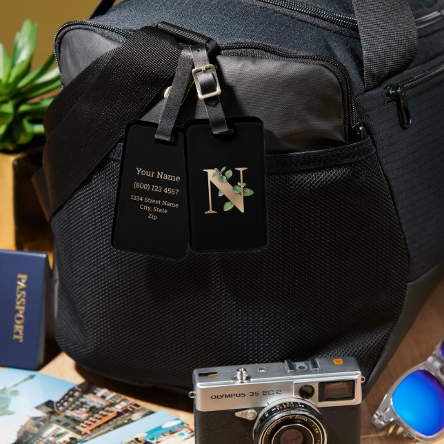 Elegant Botanical Monogram Gold Letter N Luggage Tag (Front & Back)