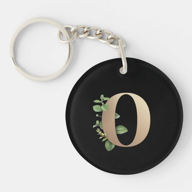 Elegant Botanical Monogram Gold Letter O Keychain (Front)