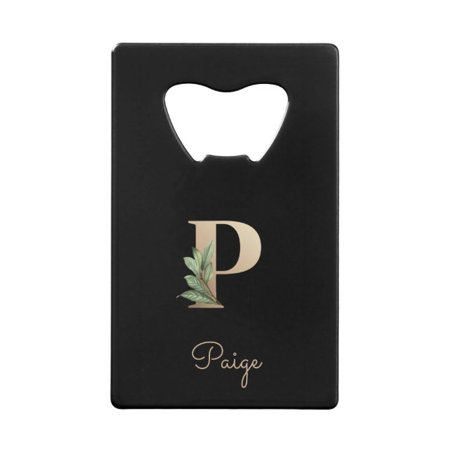 Elegant Botanical Monogram Gold Letter P  Credit Card Bottle Opener (Front)