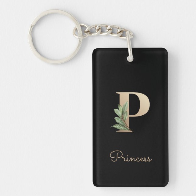 Elegant Botanical Monogram Gold Letter P Keychain (Front)