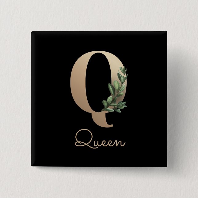 Elegant Botanical Monogram Gold Letter Q Button (Front)