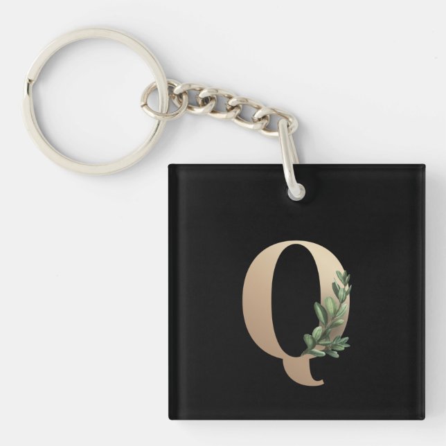 Elegant Botanical Monogram Gold Letter Q Keychain (Front)