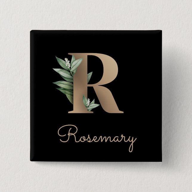 Elegant Botanical Monogram Gold Letter R Button (Front)