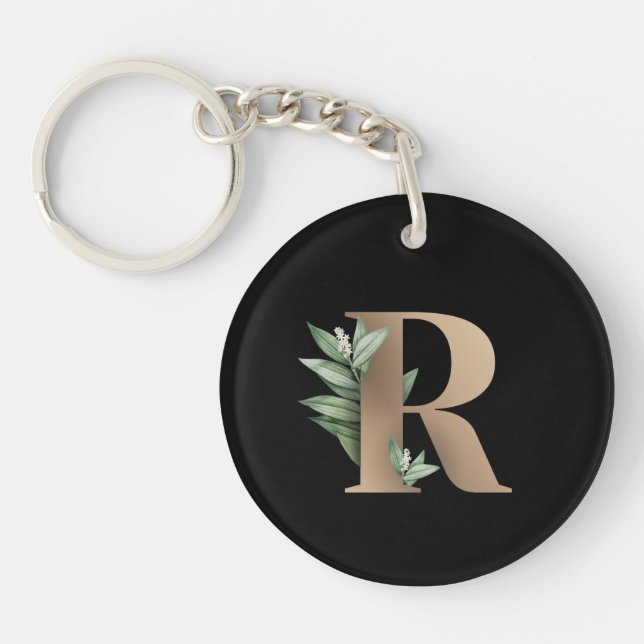 Elegant Botanical Monogram Gold Letter R Keychain (Front)