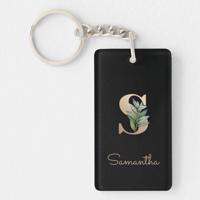 Elegant Botanical Monogram Gold Letter S Keychain (Front)