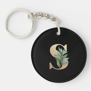 Elegant Botanical Monogram Gold Letter S Keychain