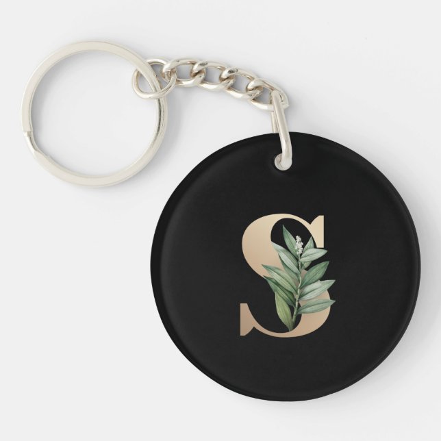 Elegant Botanical Monogram Gold Letter S Keychain (Front)