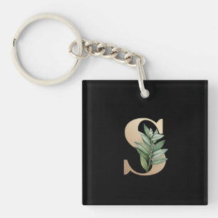 Elegant Botanical Monogram Gold Letter S Keychain