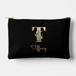 Elegant Botanical Monogram Gold Letter T Accessory Pouch