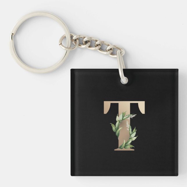 Elegant Botanical Monogram Gold Letter T Keychain (Front)