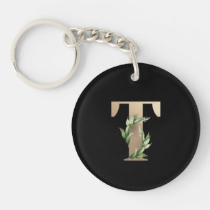 Elegant Botanical Monogram Gold Letter T Keychain