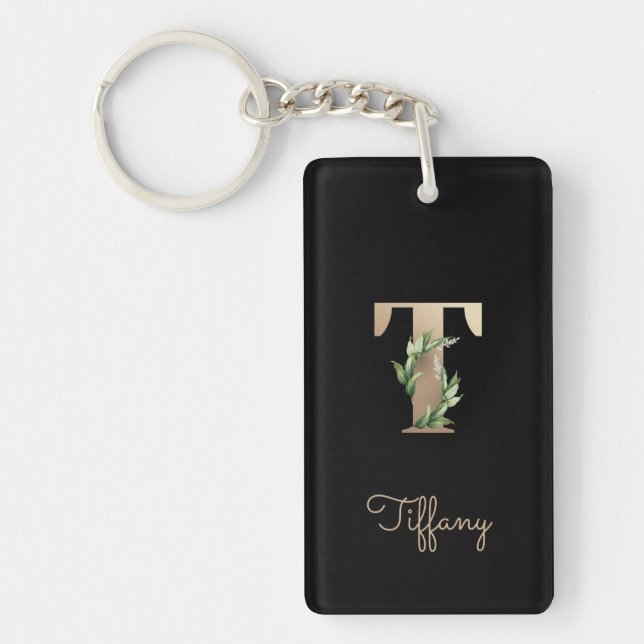 Elegant Botanical Monogram Gold Letter T Keychain (Front)