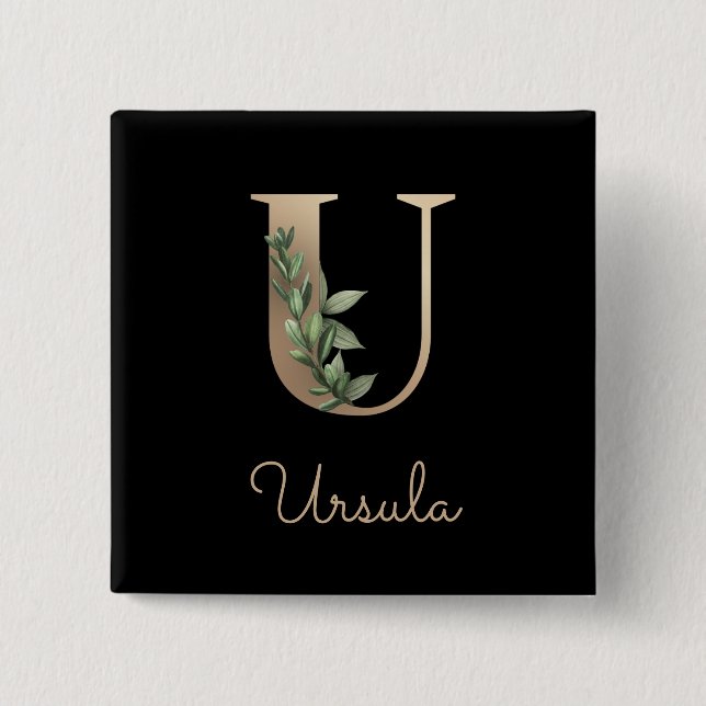 Elegant Botanical Monogram Gold Letter U Button (Front)