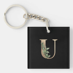 Elegant Botanical Monogram Gold Letter U Keychain