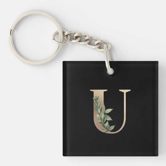 Elegant Botanical Monogram Gold Letter U Keychain (Front)