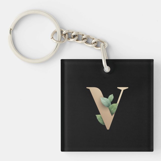 Elegant Botanical Monogram Gold Letter V Keychain (Front)
