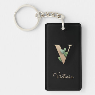 Elegant Botanical Monogram Gold Letter V Keychain
