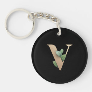 Elegant Botanical Monogram Gold Letter V Keychain